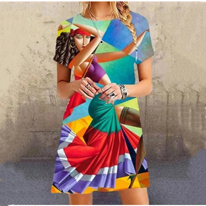 

Plus Size Summer Dresses Women 2021 Short Sleeve O-Neck Abstract Big Eyes Casual Dress Streetwear Ladies 3D Print Mini Dress