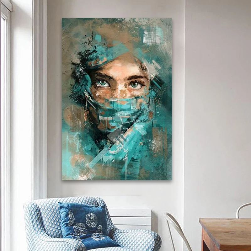 

Abstract Woman Portrait with Green Veil Canvas Wall Art Poster and Prints Painting Watercolour Picture for Living Room Decor