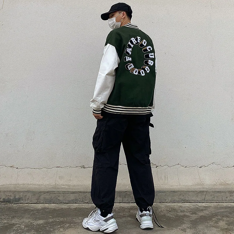 

Hip Hop Baseball Jacket Men Women 3D Letter F Japanese Streetwear Harajuku College Leather Patchwork Bomber Women Varsity Jacket