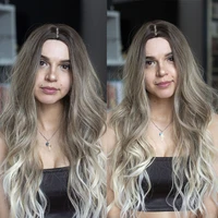 alan eaton middle part long body wave synthetic wigs ombre brown gray ash blonde cosplay hair wig for women heat resistant fiber
