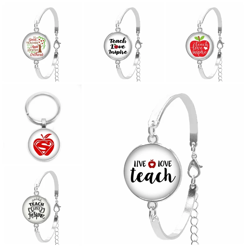 

New Ladies Bracelet Art Charm Love Teaching Teacher Apple Love Life Tree Glass Convex Round Silver Chain Bracelet Teacher Gift