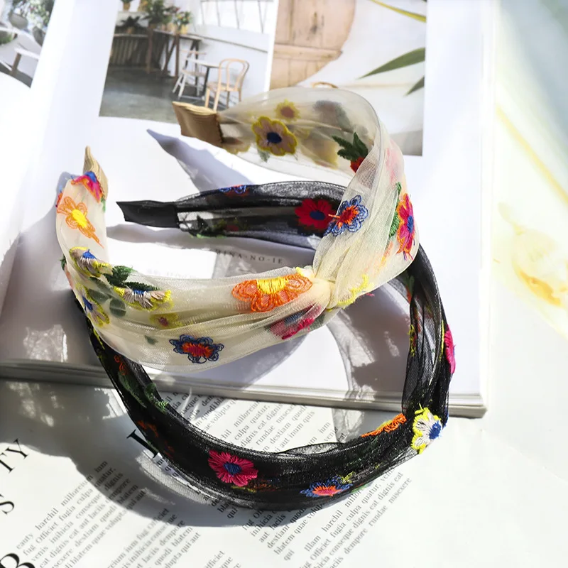 Женский широкий обруч для волос с цветочной вышивкой в стиле ретро летняя