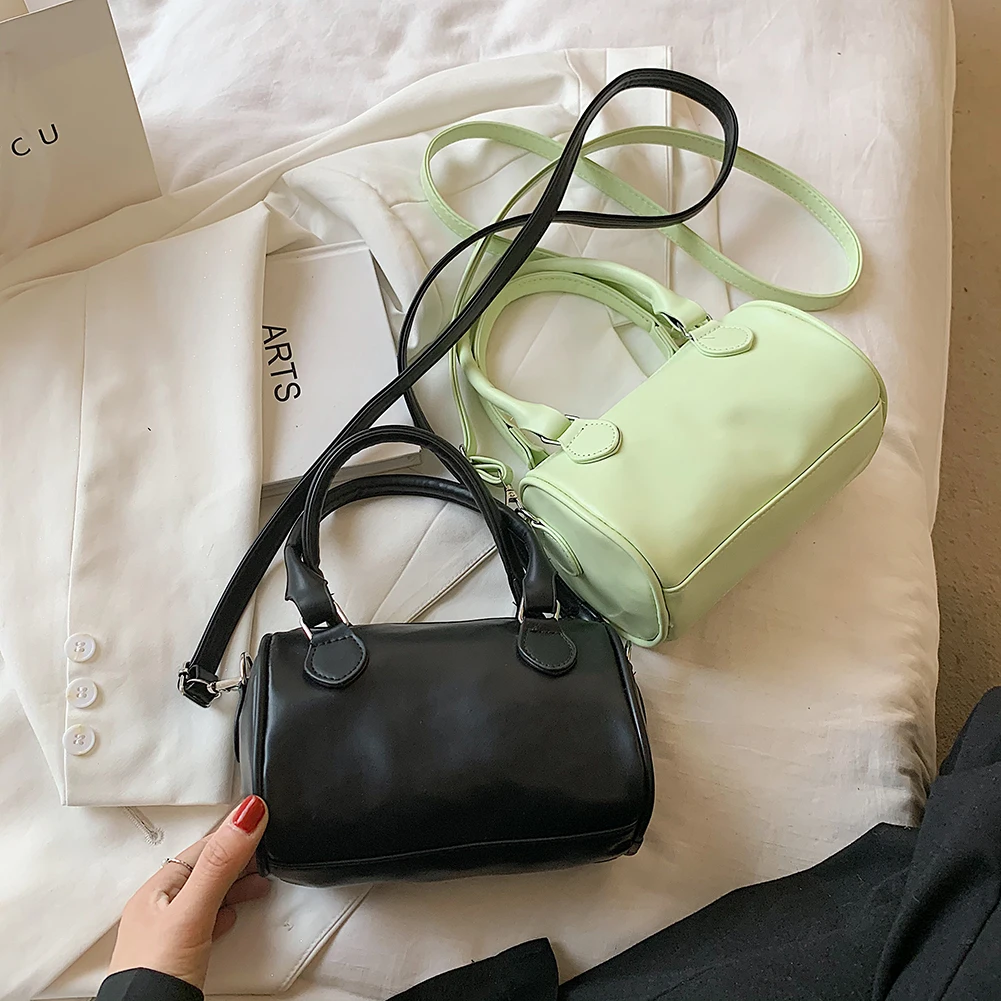 

2021 Pleated Female Handbag Vintage Women PU Solid Color Cylindrical Top-Handle Mini Crossbody Shoulder Bags Women