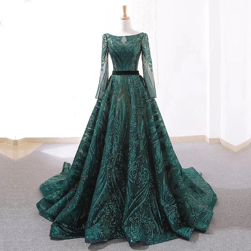 

Luxury Evening Dress 2021 New Elegant Long Sleeve Slim Dark Green Slim Banquet Birthday Party Formal Vintage Prom Dress A169