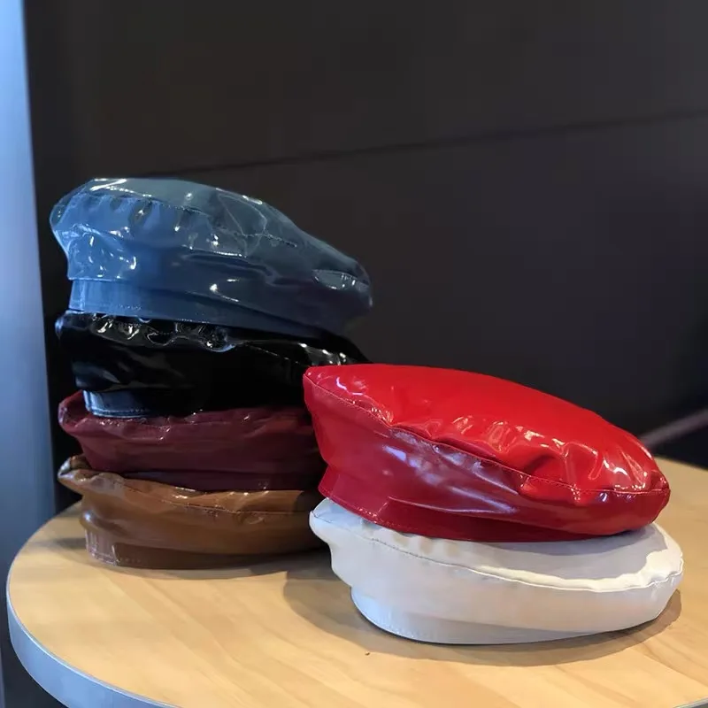 

2021 Beret Female Japanese Autumn Bright Leather Flat Top Fashion Painter Hat Solid Color Octagonal Hat Newsboy Hat Casual Hat
