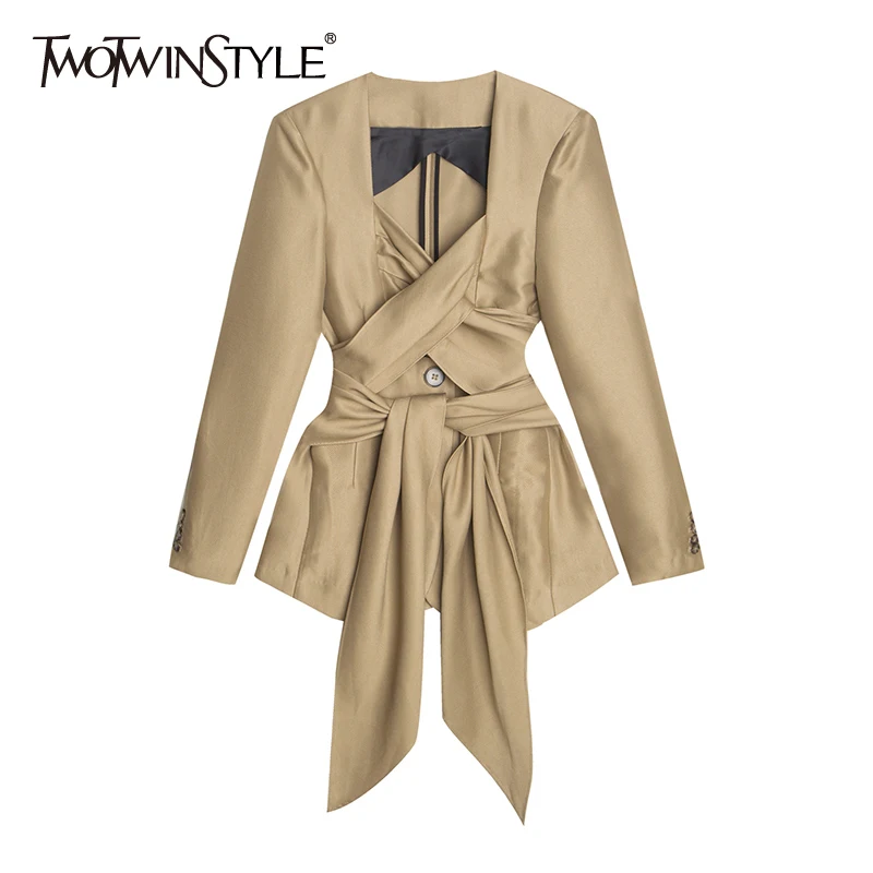 

TWOTWINSTYLE Elegant Patchwork Bowknot Blazer For Women Square Collar Long Sleeve Ruched Split Blazers Female 2022 Fashion New