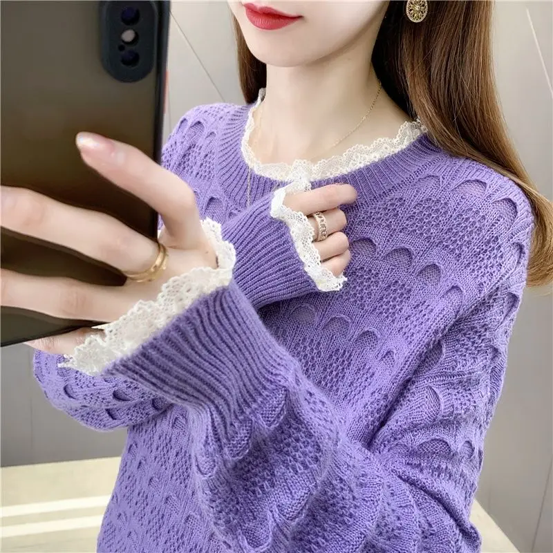 

Women lace stitching short Women's sweater spring and autumn 2021 new loose Women's coat knit sweater for outer sweater