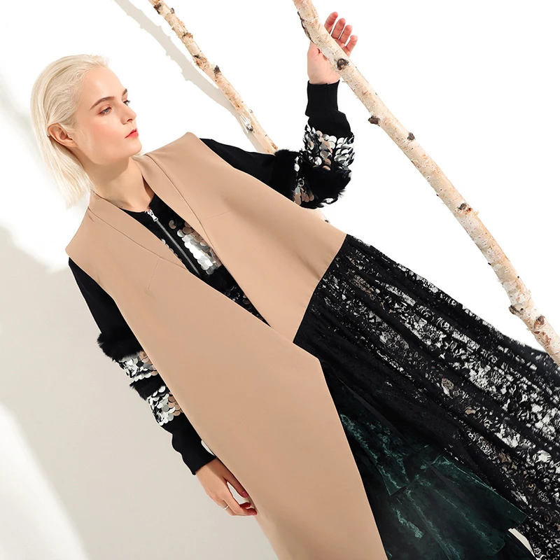 

[EAM] Women Loose Fit Irregular Lace Split Joint Long Vest New V-collar Sleeveless Fashion Tide Spring Summer 2021 JK594