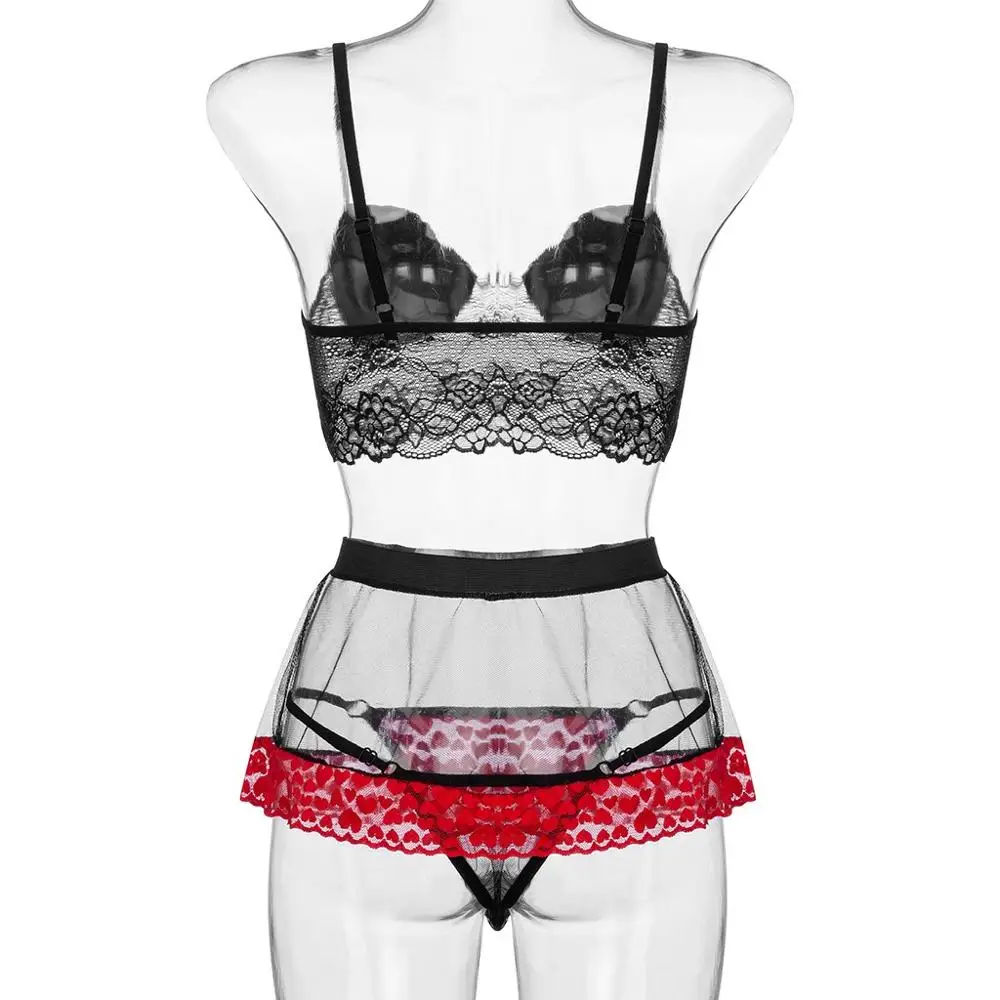 

New Hot Women Ladies 3pcs Sexy Lingerie Lace Babydoll Thong Nightwear Sleepwear Dress Set Sexy Teddies Heart Print Lenceria