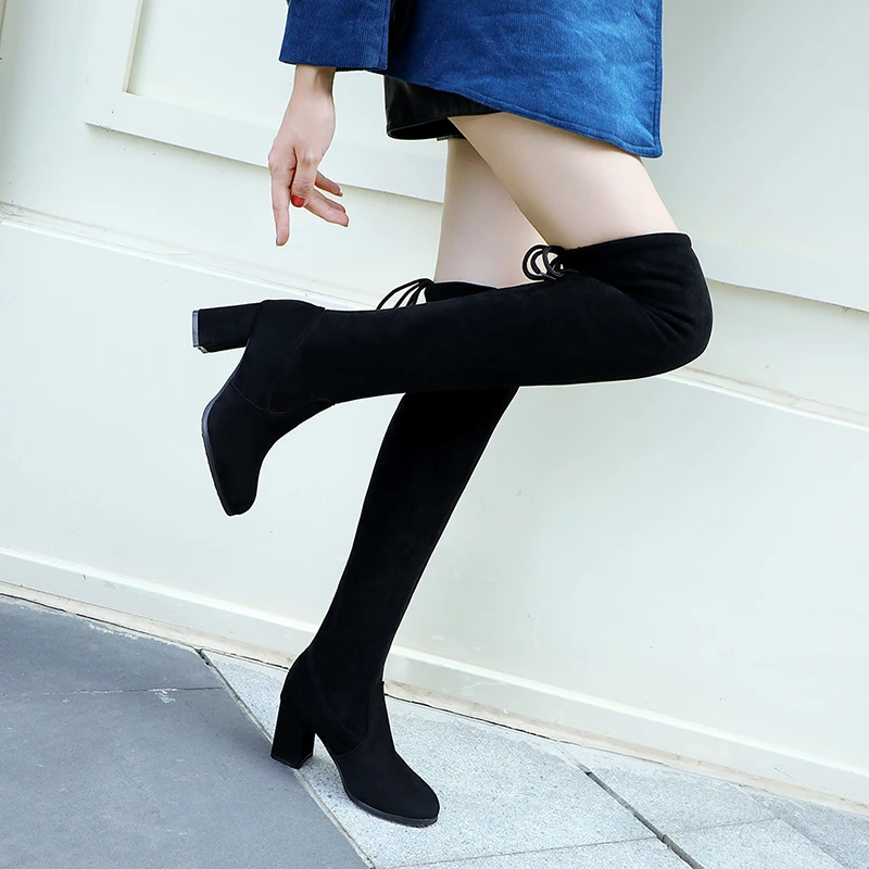 Женские ботфорты на высоком каблуке розовые/серые/черные эластичные из флока