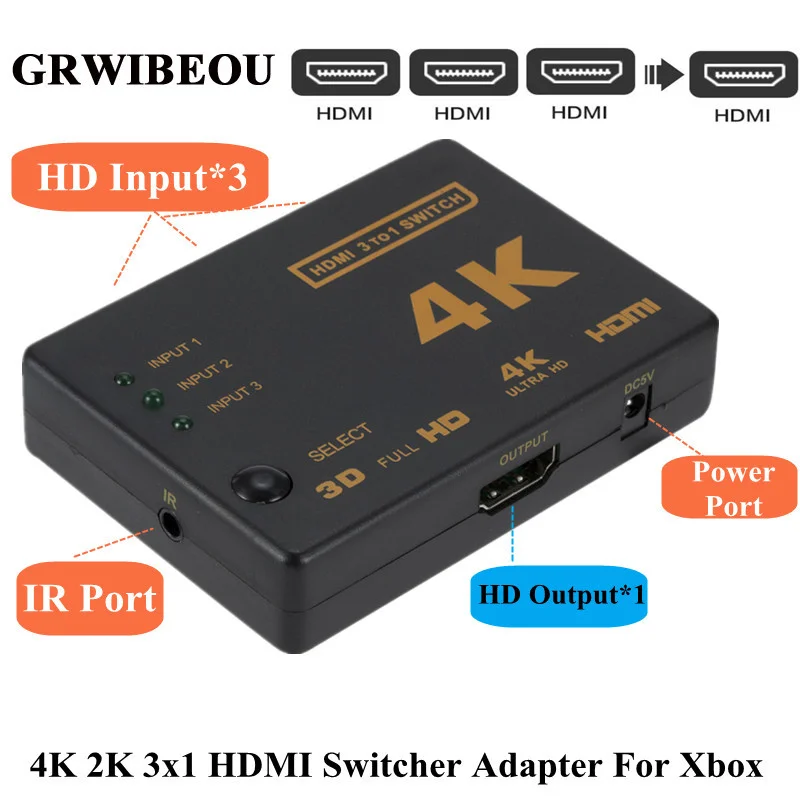 

4K 2K 3x1 HDMI-совместимый переключатель HD 1080P видео коммутатор адаптер 3 входа 1 выход порт HDMI концентратор для Xbox DVD HD ТВ ПК ноутбука тв