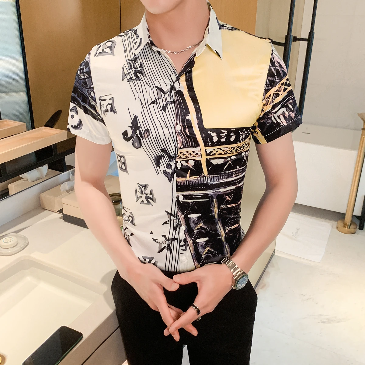 

Luxury 2020 Print Short Sleeve Slim Fit Shirt Men Casual Dress Shirts Streetwear Nightclub Clothes Camisa Social Masculina