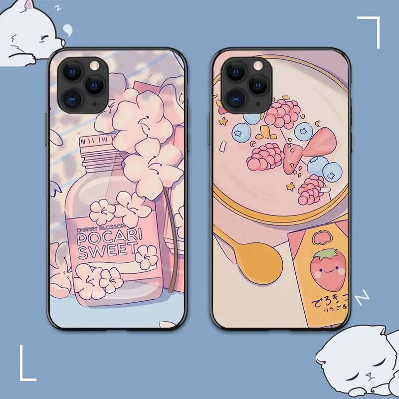 

Japanese Cat Snacks Food Cherry blossoms Drink Art Phone Case for iPhone 13 8 7 6 6S Plus X 5S SE 2020 XR 11 12 mini pro XS MAX