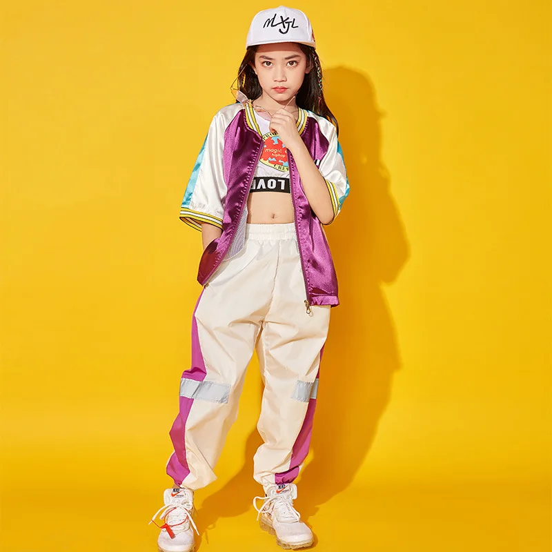 Детская одежда в стиле хип хоп фиолетовая куртка с блестками топы и брюки для
