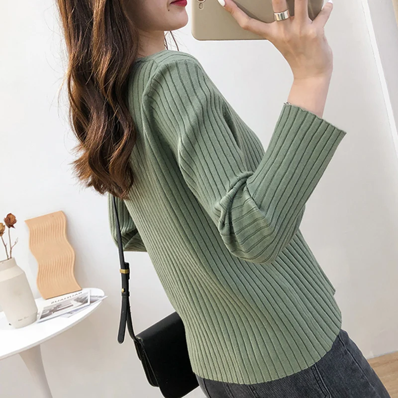 

LJSXLS V-Neck Knitted Sweater Women Autumn Winter Long sleeve Bottoming Sweaters Pullover Lady Casual Wild Pit Strip Jumper 2020
