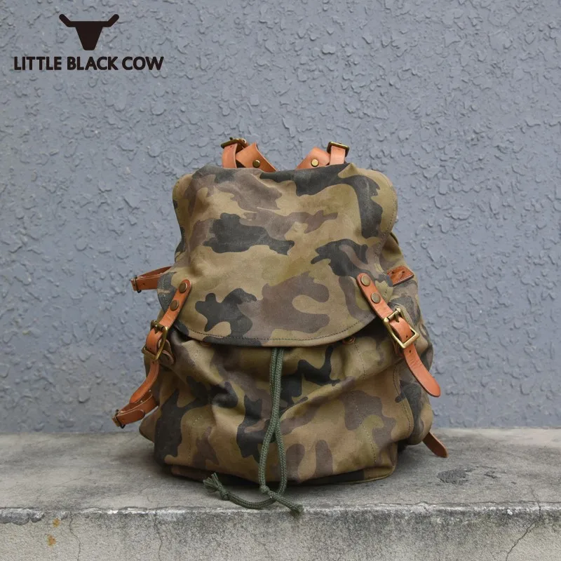 

High Quality Vintage Mens Army Camouflage Printed Backpack Cow Leather Straps Canvas Travel Bag Large Capacity Bags School Bag