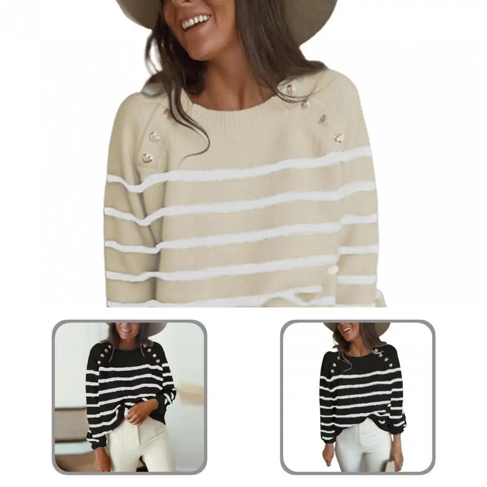 

Buttons Women Horizontal Stripes Knitted Top Pullover for Gathering