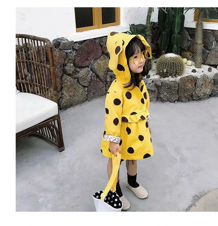 

Girls' Hooded Windbreaker New Spring Autumn Children's Mid-length Hooded Jacket Baby Kids Polk Dot Cute Tops Coat