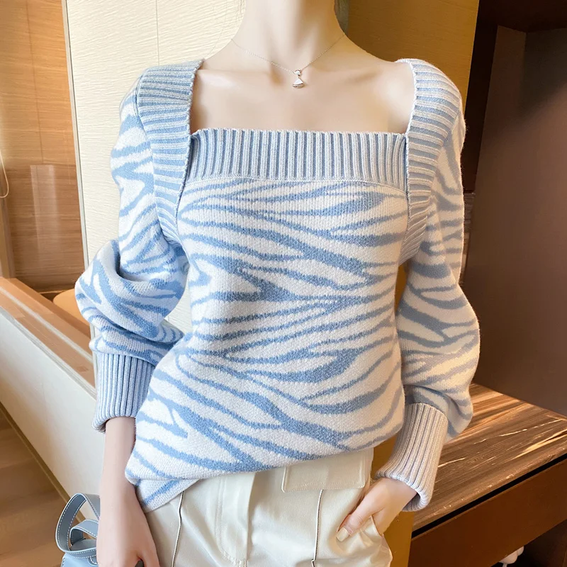 

2020 spring autumn women designer blue white striped square collar knit sweaters loose all match long sleeve pulover top JC454