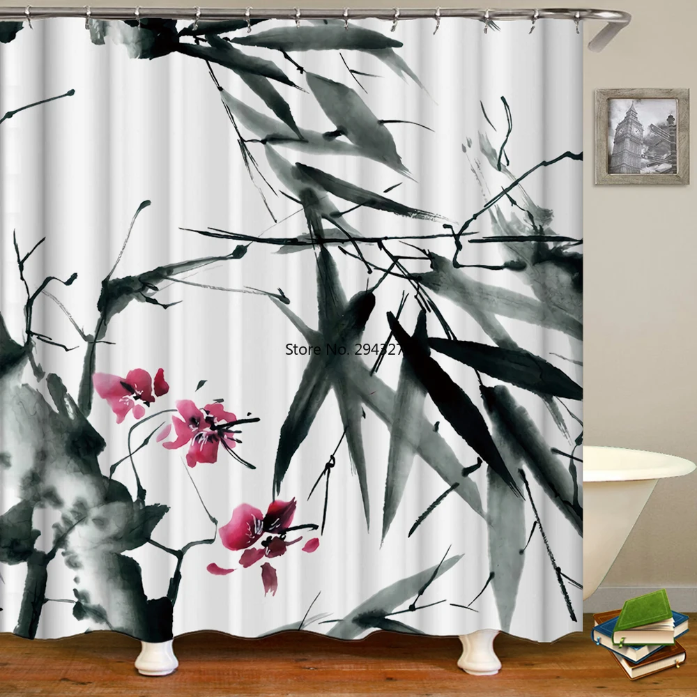 

Chinese Ink Painting Bamboo Flowers Plant Bath Curtain Waterproof Shower Curtain Decor Bath Screen Printed Curtain for Bathroom