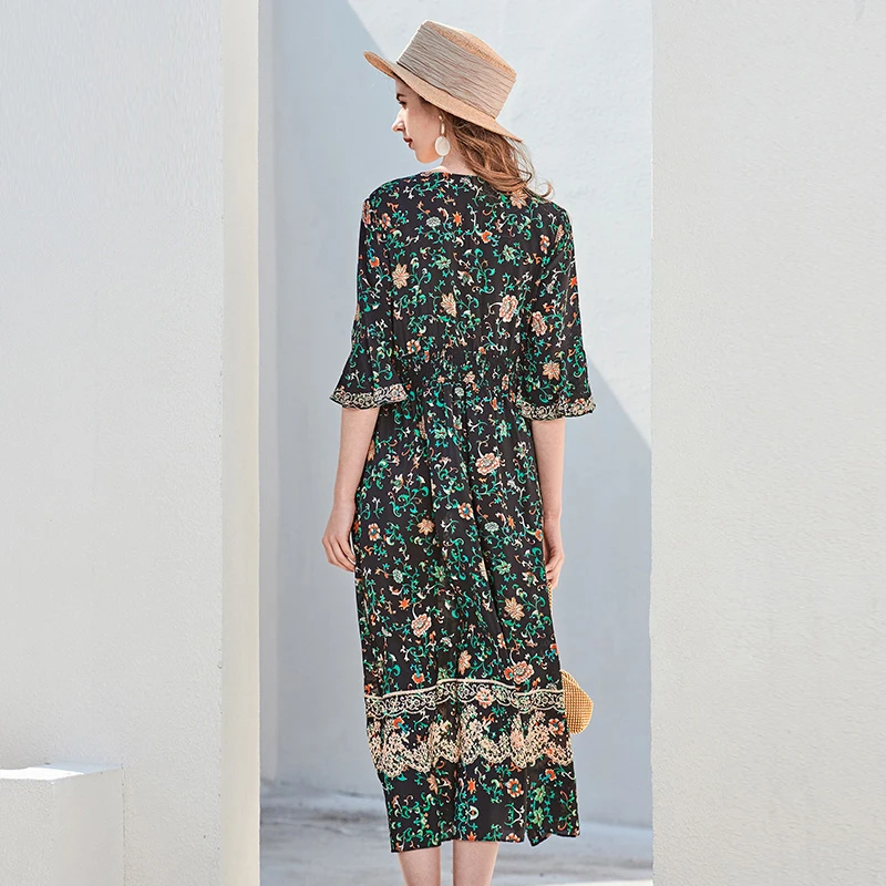 

100% Silk Women's Runway Dresses Sexy V Neck 3/4 Flare Sleeves Floral Printed Fashion Mid Summer Dresses