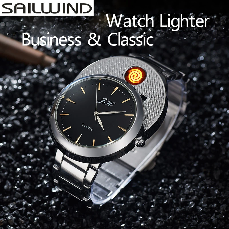 Креативные беспламенные Мужские кварцевые наручные часы с usb зажигалкой из