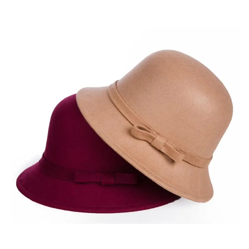 

Fashion Women Solid Color Warm Woolen Bow Cloche Autumn Winter Bowler Hat Cap Warm Outdoor Windproof Clothing Decor Accessory