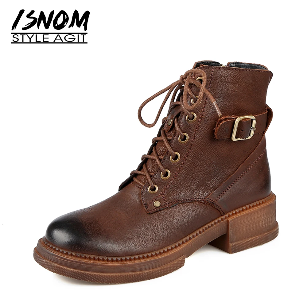 

ISNOM Women Genuine Leather Ankle Boots Side Zip Buckle Thick Heels Warm Short Plush Cross Tied Skid Proof Winter Boots 2020