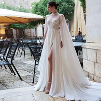 high neck wedding dresses with cape 2021 lace appliques sexy open back a line chiffon bridal gown sweep train side split