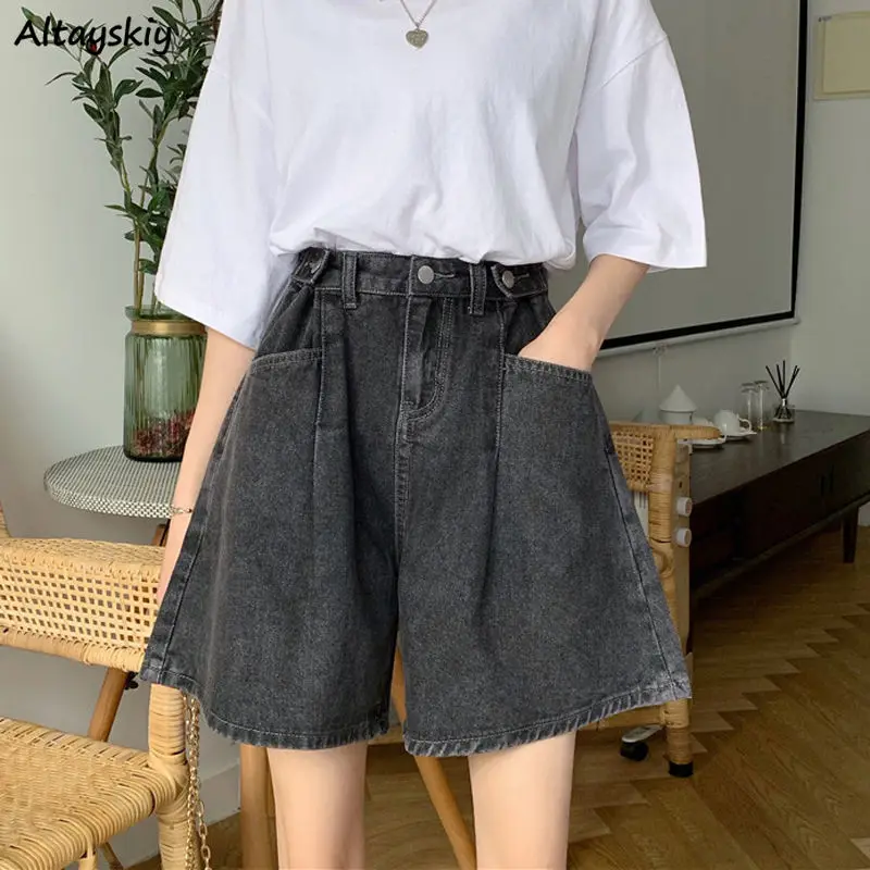 

Shorts Women Summer Loose Hot Sale Big Pockets All-match Solid Trendy New College Wide Leg Leisure Denim Korean Style High Waist