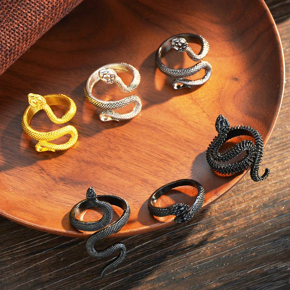 

New Trendy Punk Snake Goth Gold Black Silver Color Rings Exaggerated Rock Adjustable Chic Party Gift Jewelry Finger Rings