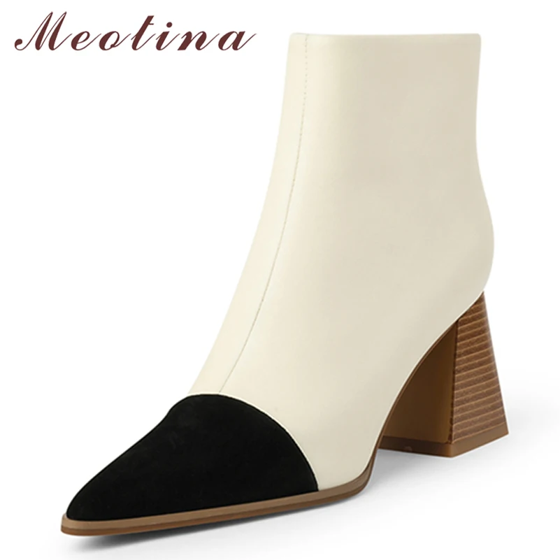 

Женские замшевые ботинки Meotina, ботильоны из натуральной кожи, на толстом высоком каблуке, на молнии, с острым носком, Осень-зима