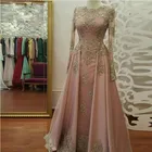 Румяна розового золота с длинным рукавом Вечерние платья для женщин одежда аппликации кружевные со стразами Abiye Дубайский кафтан мусульманские Вечерние платья для выпускного вечера