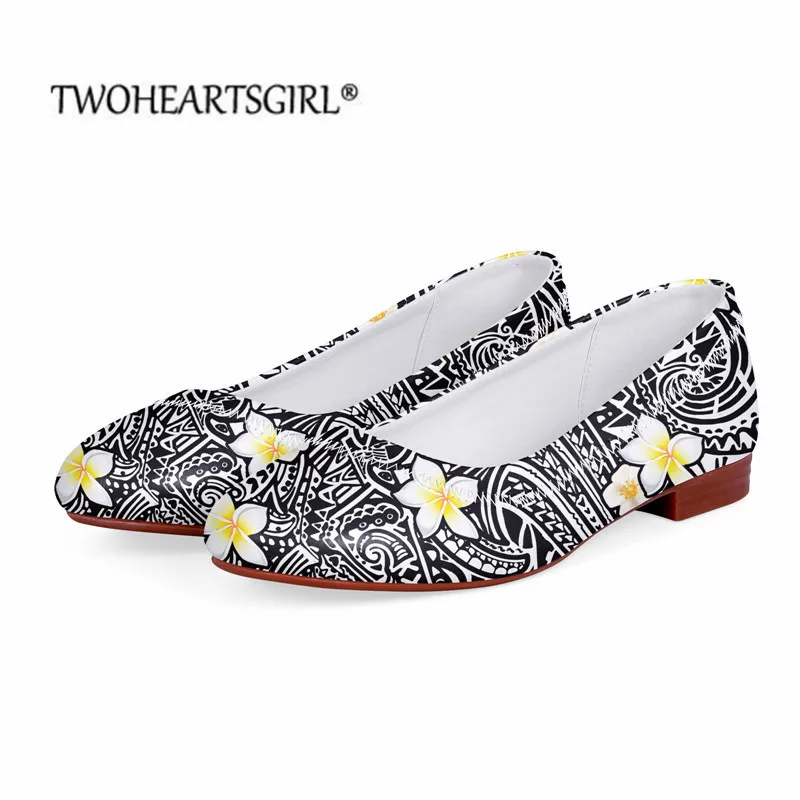 

Twoheartsgirl Leather Women's Shoes Polynesia with Plumeria Design Fashion Flats Basic Boat Shoes Thick Heel Casual Shoes