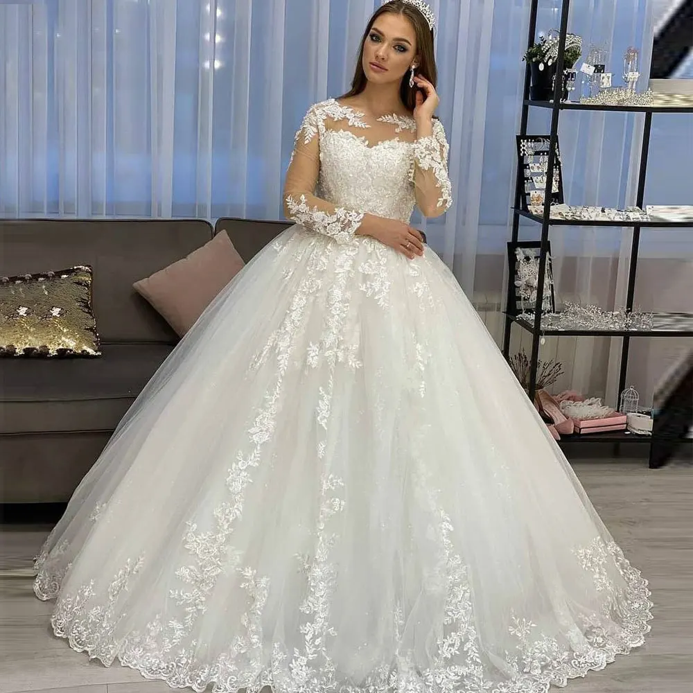 

Elegant Ball Gown Wedding Dress 2023 Long Sleeves Bridal Scoop Lace Applique Saudi Arabia Woman Bride Custom Made White Ivory