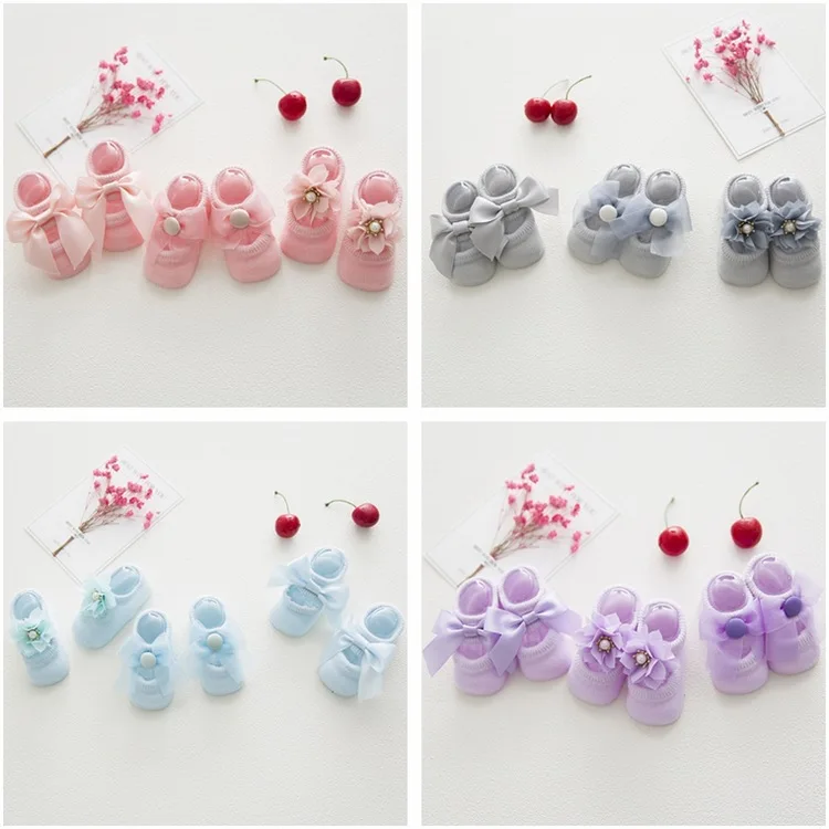 

3 Pairs/ a Lot spring and summer Baby girls cute socks new cotton baby cotton lace flowers bow anti-slip children's floor socks