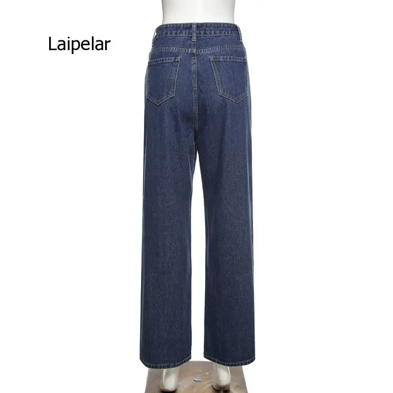 Blue Straight Jeans Women Vintage Cargo Denim Pants Fashion Low Waist Harajuku Patchwork Stitched 90S Aesthetic Baggy 2021