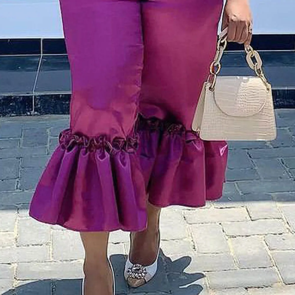 

African Women Two Piece Sets Sexy Short Top High Waist Ruffled Wide Leg Flared Pants Large Size Slim Casual 2021