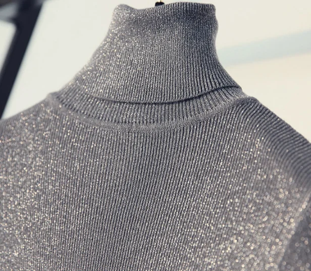 Shiny Lurex Autumn Winter Sweater Women Long Sleeve Turtleneck Pullover Basic Sweaters Korean Style Knit Tops Femme | Женская одежда