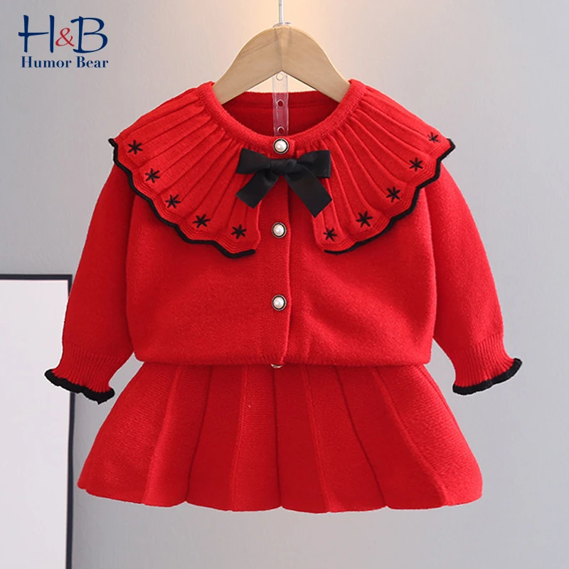 

Humor Bear Girls Clothes Set Autumn New Long Sleeve Knitted Sweater Cardigan+ Skirt 2Pcs Warm Toddler Kids Clothes