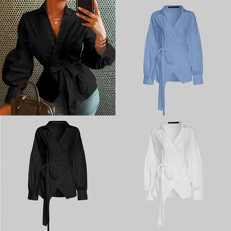 

Модные женские топы, блузка, осенние Рубашки с поясом и V-образным вырезом, повседневные рукава-фонарики