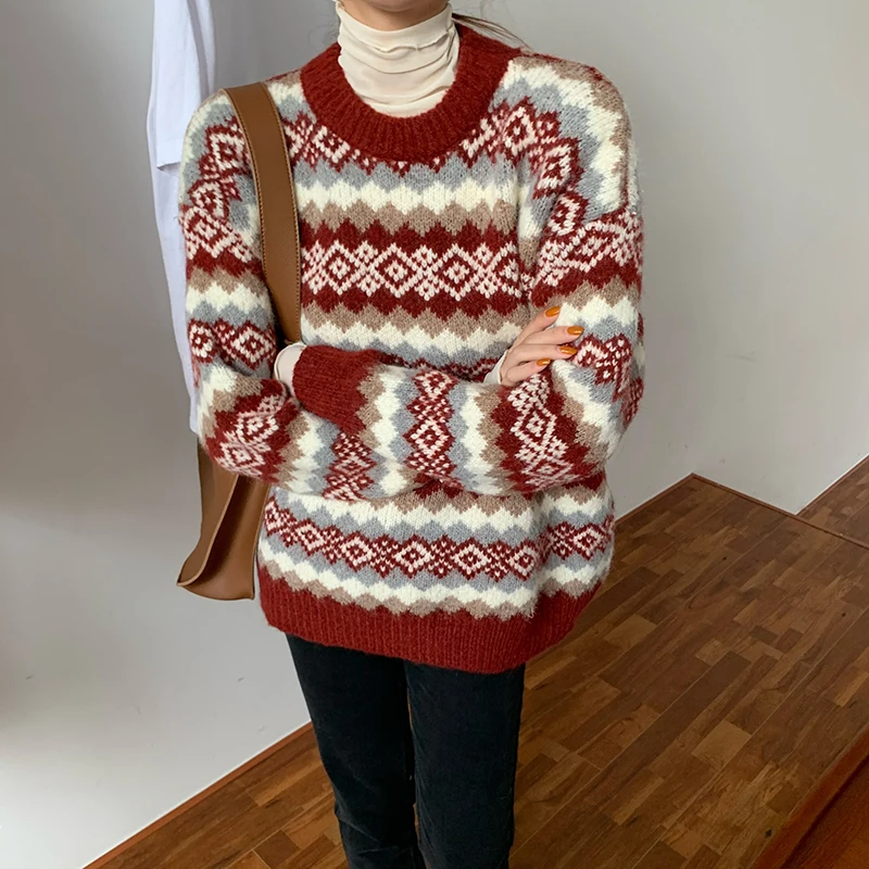 

Bella Philosophy Wonder Winter Vintage Knitted Sweater Casual Ugly Christmas Sweater Loose Thick Pullovers Korean Style Chic Top