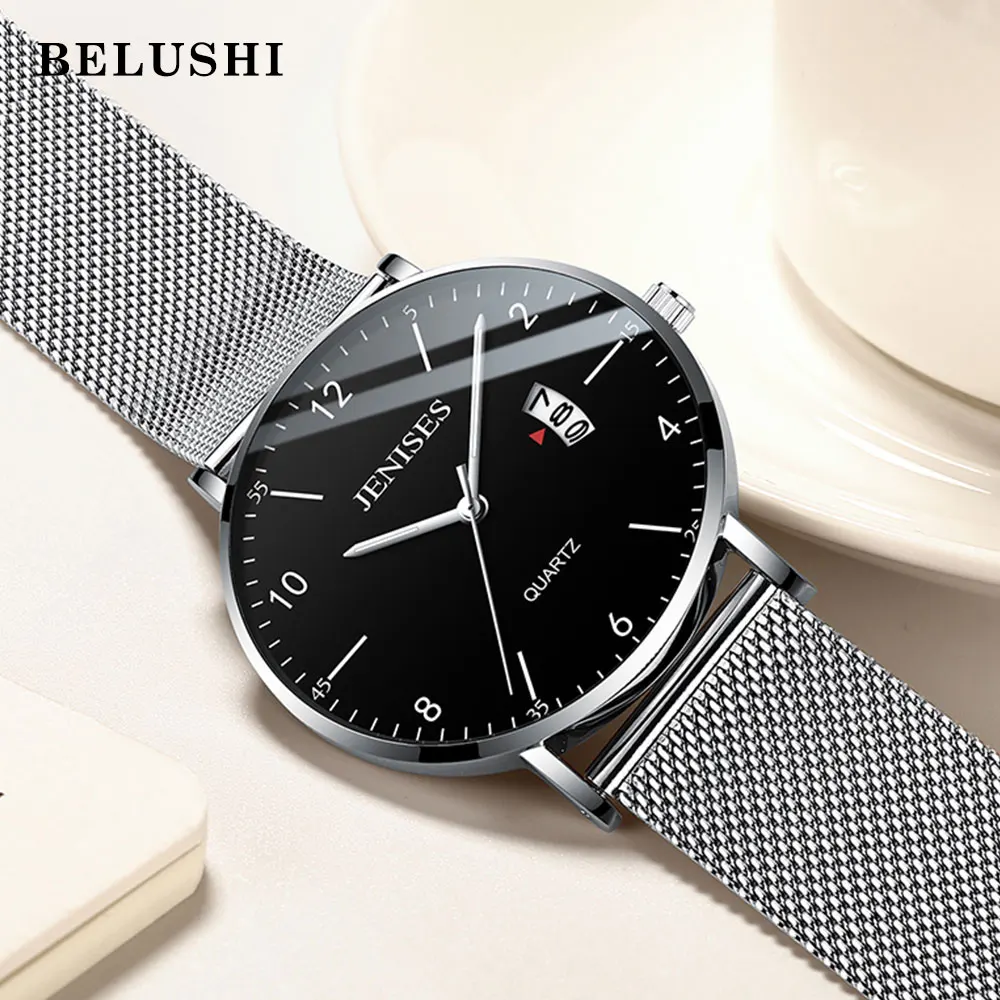 

Часы наручные Jenises Мужские кварцевые, брендовые Роскошные Спортивные Повседневные водонепроницаемые с тонким стальным сетчатым браслетом