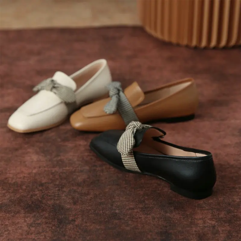 

Sianie Tianie 2021 Autumn Genuine Natural Leather Chic Womens Loafers Casual Slip on With Bowtie Luxury Brand Women Flats Shoes