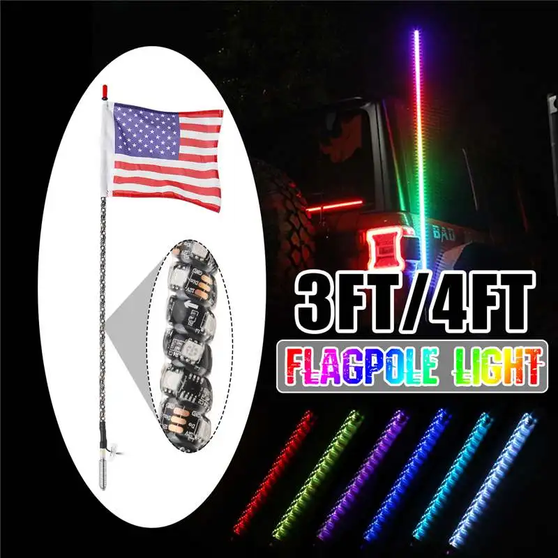 

3/4FT RGB Whip Light 12V 240/300LED bluetooth APP Controll Bendable Super Bright Flagpole Lamp Light 30-45W/35-55W+America Flag