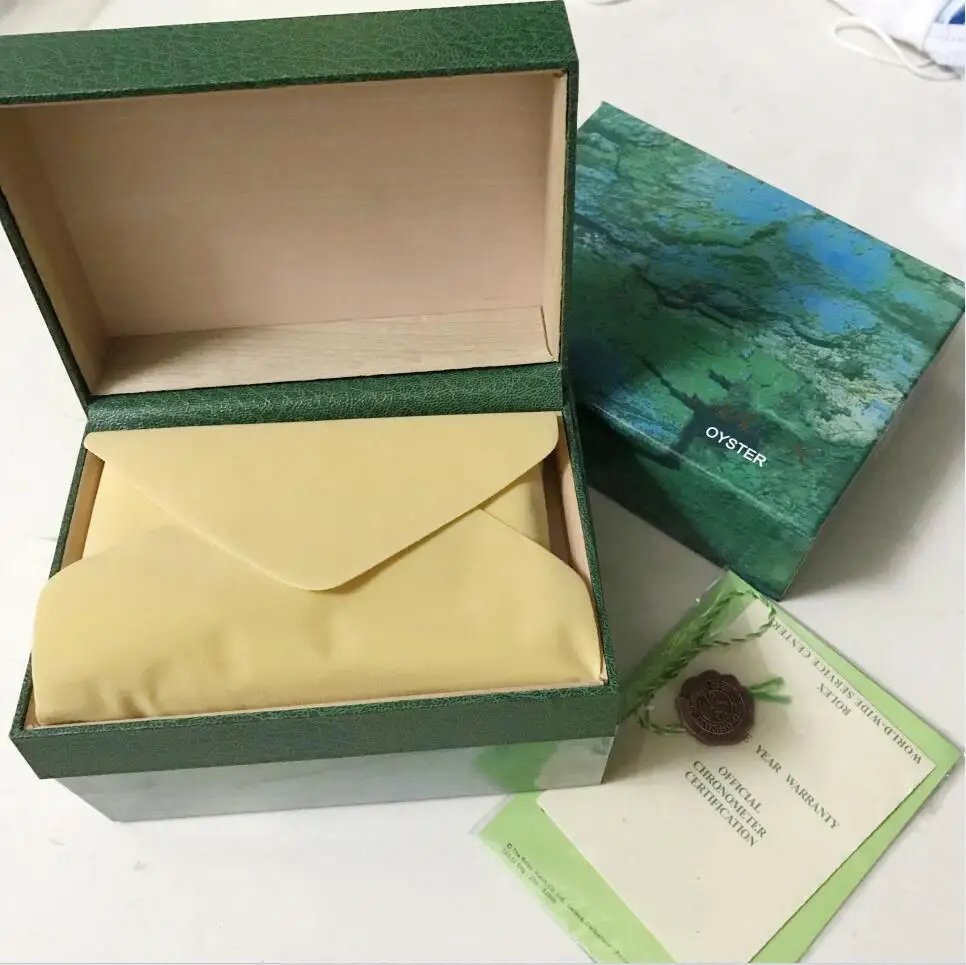

Good quality small Green watch box with papers cards and bags Green watch box