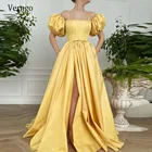 Verngo 2021 Новое старое желтое атласное длинное вечернее платье, короткие пышные рукава, косточки, без бретелек, Боковой разрез, длина до пола, выпускное платье