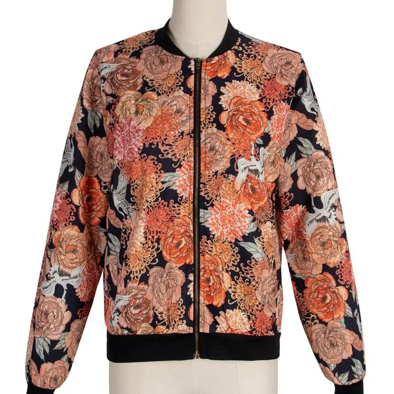 

Autumn Winter Long Sleeve Women Coat And Print Flower Zipper Womens Clothing Y0851A