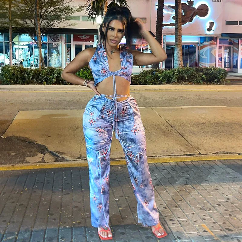 

Fashion Hot-selling Women's 2021 Summer New Style Halter Neck V-neck Halter Umbilical Tie Nine-point Pants Suit Elegant Ladies