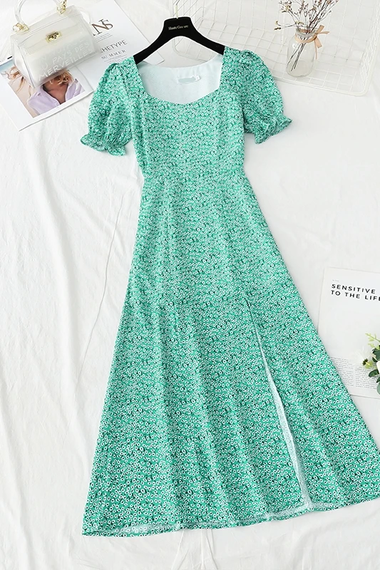 

Floral Long New Summer Elegant Fashion Sexy Side Split Square Neck Bubble Sleeve Chiffon Fairy Dress